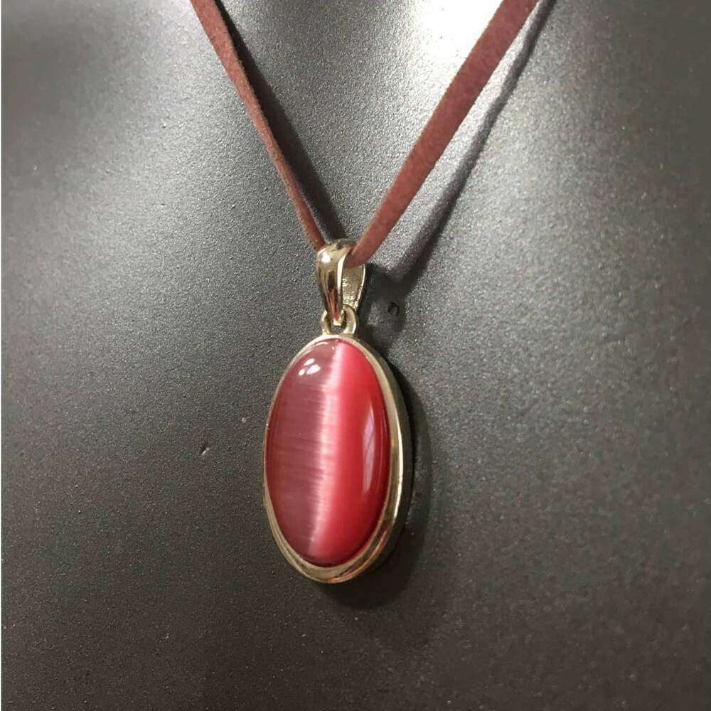 15 Inch Delicate Pink Leather Necklace 1x1/2" Pink Cat Eye Pendant Lobster Claw